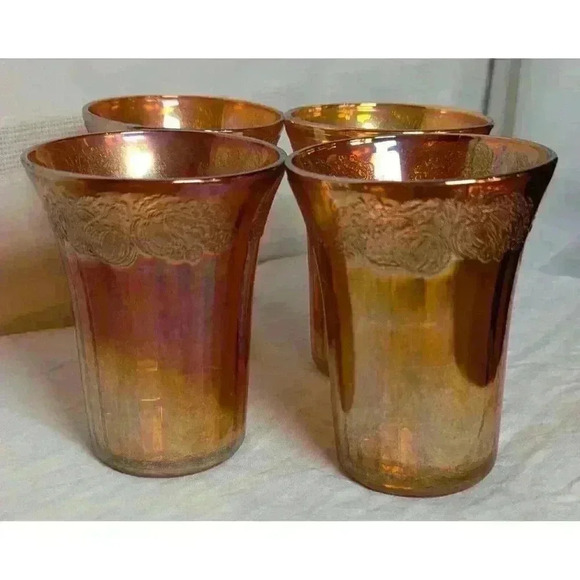 Set Of 4 Iridescent Carnival Drinking Glasses Fruit Motif 4" x3-1/4" Amber Color - Picture 4 of 14